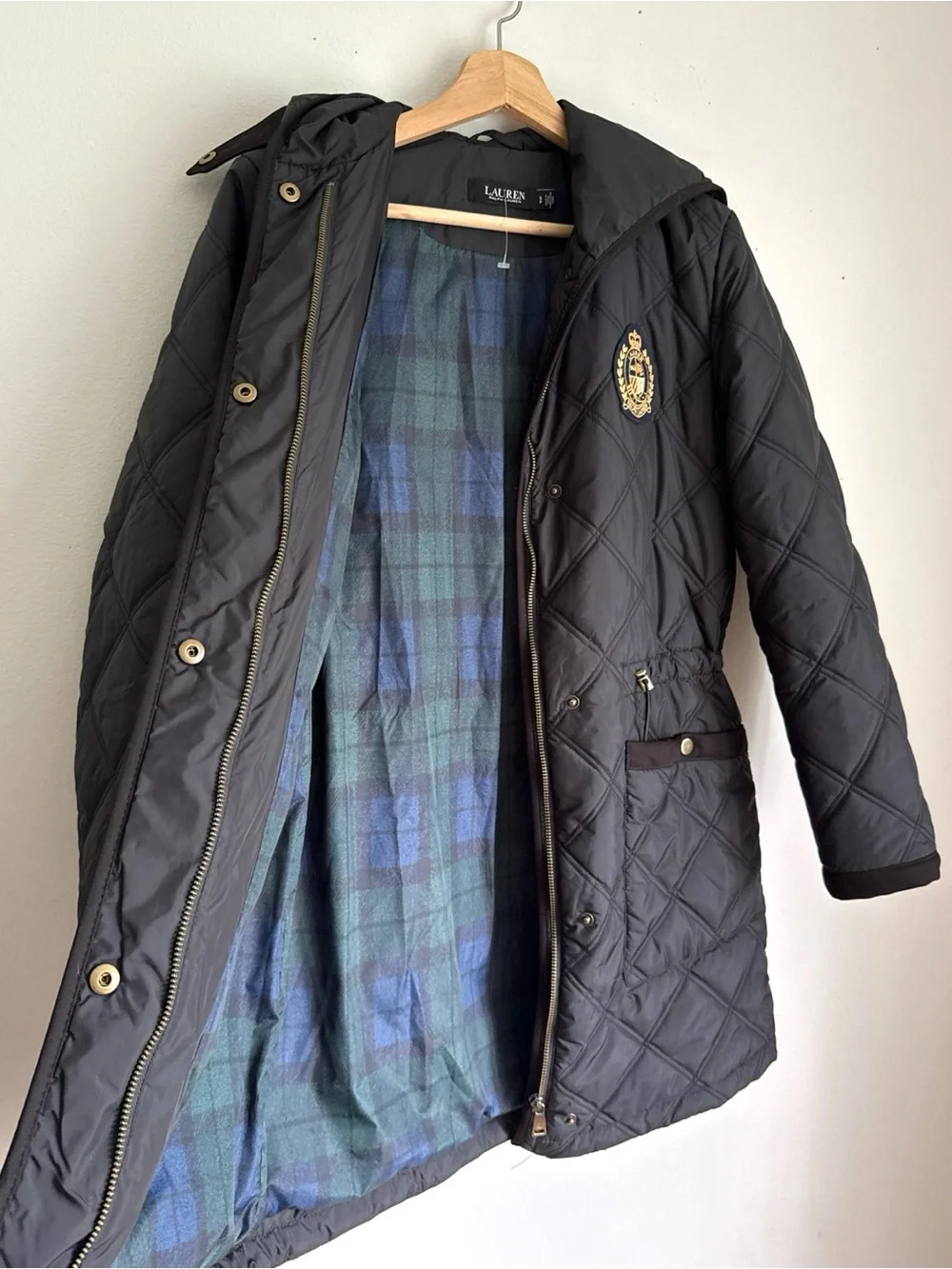 Ralph Lauren Black Label Crest-Patch Diamond-Quilted Hooded Coat in Black